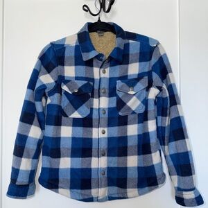 Boys Eddie Bauer Fleece Button Down Overcoat Blue & White Plaid Size 10/12